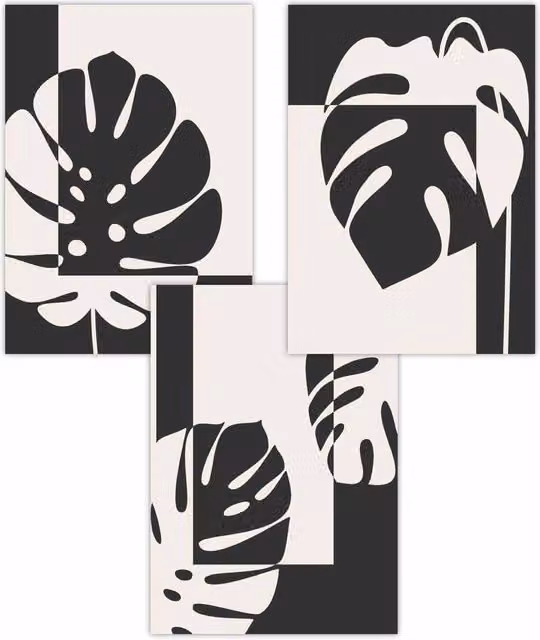 ARTZE Set of 3 Mid Century Monstera Botanical Paper Posters in Black and White, W: 42 cm x H: 59 cm