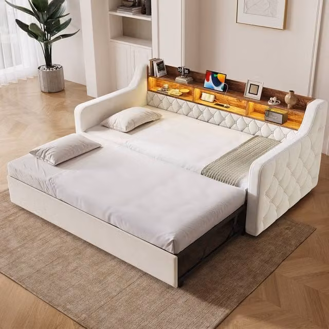 BTM Single Velvet Daybed in Beige with USB Charging Port, LED Lighting and Storage Drawers, W/D/H: 190 x 90 x 80 cm