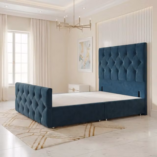 Somnior Beds Ltd Chesterfield Velvet Divan Bed Base with Floor Standing Headboard and Footboard in Blue Single