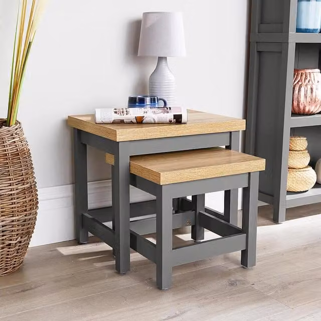 Home Source Avon Nest of 2 Tables with 36mm Oak Effect Tops in Graphite Grey