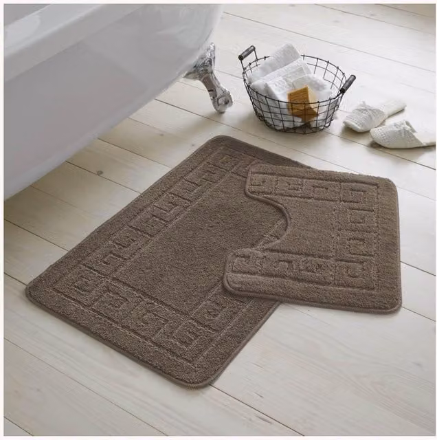 Gaveno Cavalia 2 Piece Greek Bath Set in Latte Brown with Non-Slip Bath Mat and WC Pedestal Mat