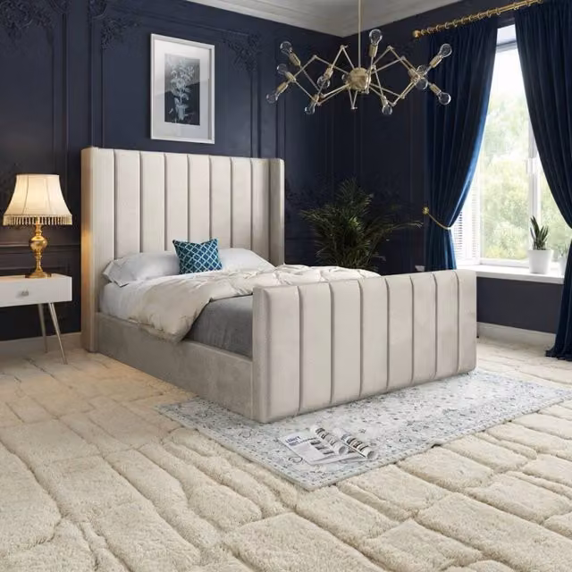 KDMD Strumpshaw Winged Upholstered Designer Bed Frame in Beige Soft Velvet, Single