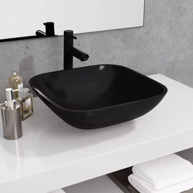 Berkfield Square Glass Countertop Basin in Black, W/D/H: 42 x 42 x 14 cm