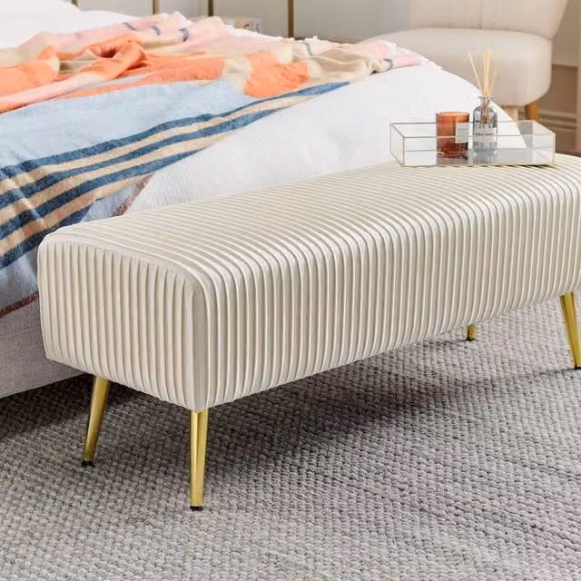 Wyld and Coco Velvet Bench in White with Gold Metal Legs, W: 118 cm, D: 40 cm