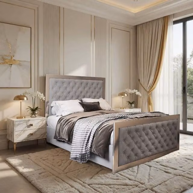 Casani Launceston Upholstered Velvet Designer Bed Frame in Grey with Metal Accents, W/D/H: 90 x 190 x 137 cm