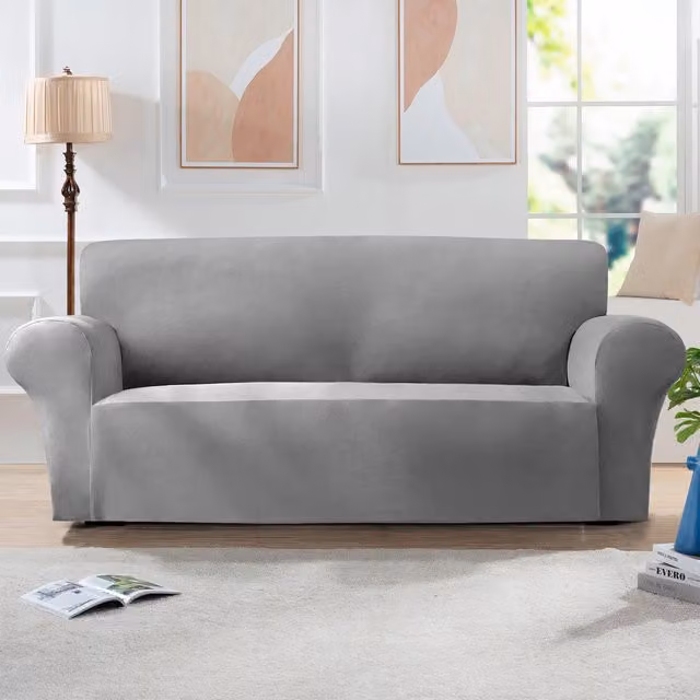 Home Republic Anthracite Grey Mink Velvet Stretch Sofa Cover for 2 Seater Sofas