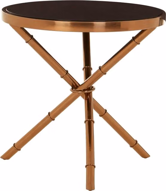 Orsina Round Bamboo Inspired Side Table with Black Tempered Glass Top and Gold Metal Base