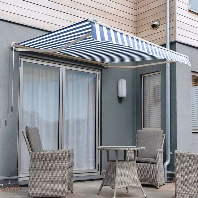 Primrose Semi-Cassette Manual Awning in Blue and White Stripe, W/D/H: 300 x 250 cm