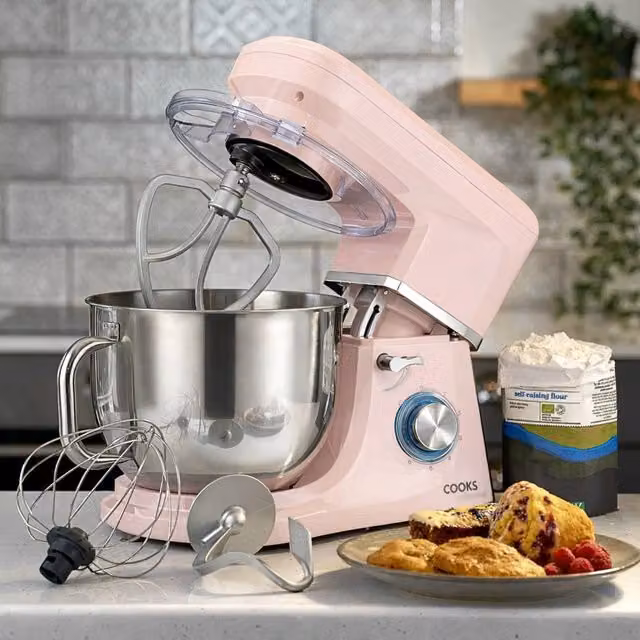 Cooks Professional Stand Mixer 1200W with 6 Speeds and Pulse Function, 7L Stainless Steel Mixing Bowl, Pink