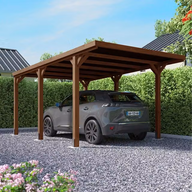 Cerland Victor Rustic Brown Lean-to Pent Carport with Polycarbonate Roof and Wood and Concrete Supports