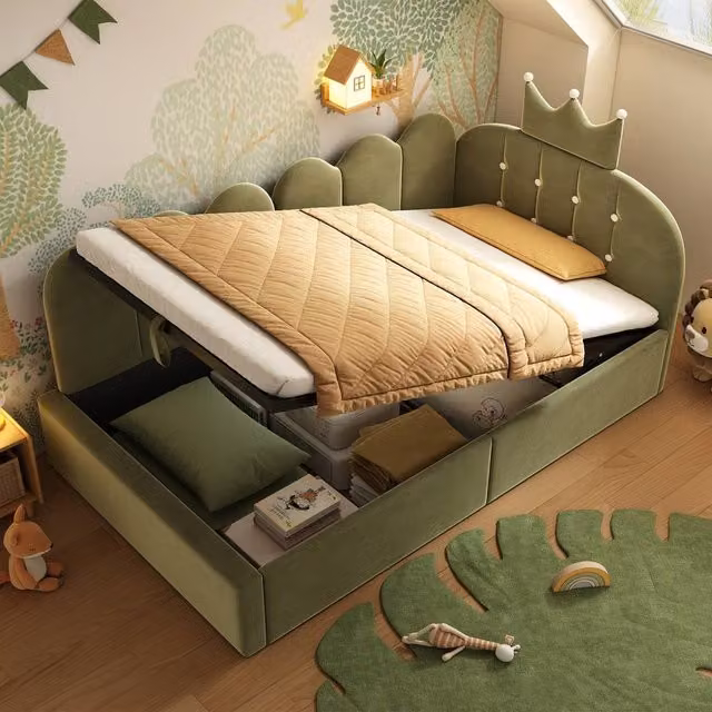Merax Green Velvet Upholstered Daybed with Hydraulic Lift-Up Storage and Crown Headboard, W/D/H: 90 x 190 cm