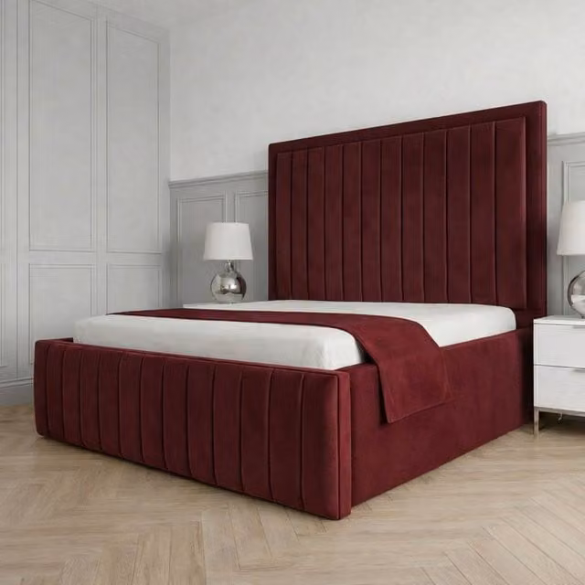 Living Comfort Bedz Sovereign Plush Velvet Upholstered Bed with Slatted Base and 48 Inch Headboard in Maroon Red, Double Size