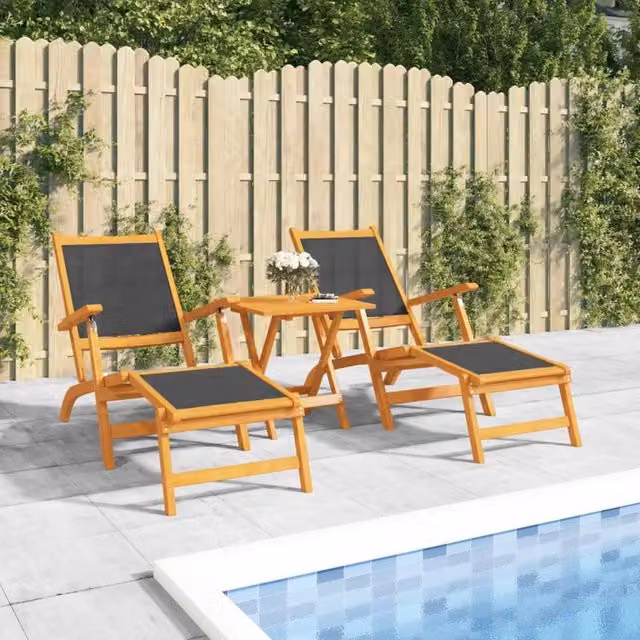 Berkfield Home Set of 2 Outdoor Deck Chairs in Brown Acacia Wood and Textilene