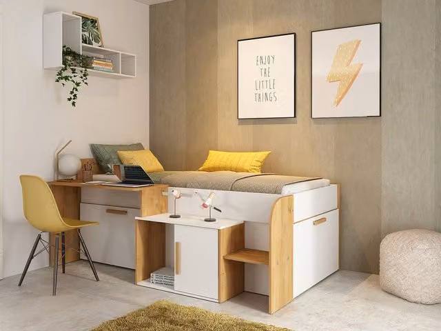 Vente-unique Single Combination Bed with Desk, Storage Drawers and Stairs in White, W/D/H: 200 x 90 x 134.6 cm