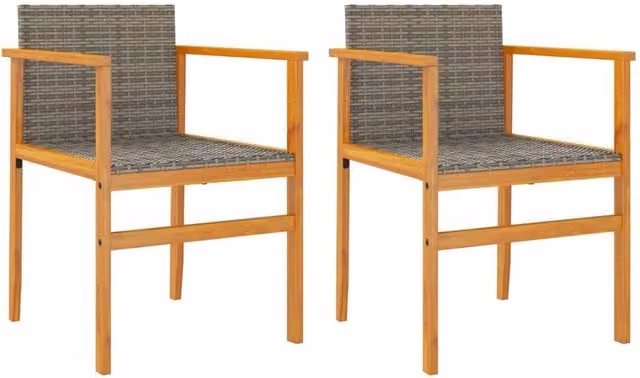 Berkfield Home Set of 2 Grey Poly Rattan and Solid Wood Garden Chairs with Armrests and Cushions
