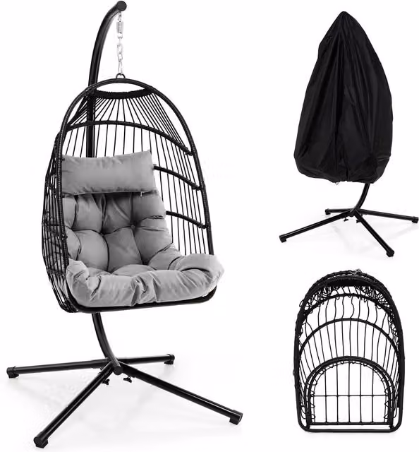 Costway Grey Hanging Egg Swing Chair with Stand, Cushions and Dust Cover