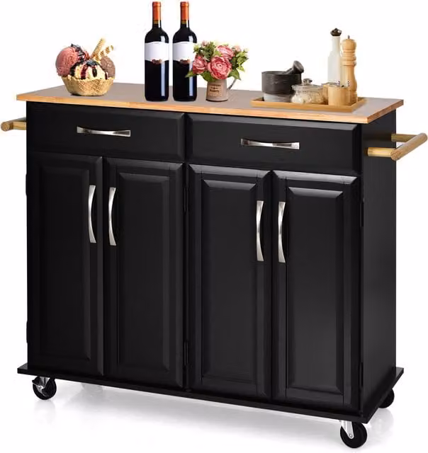 COSTWAY Modern Utility Storage Trolley Cart in Black with Rubberwood and Metal