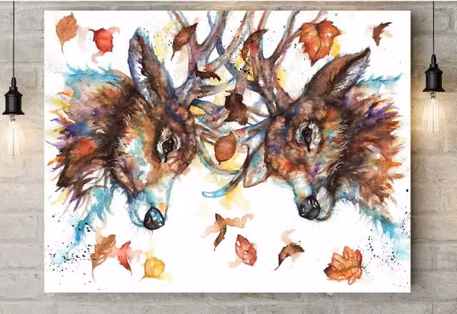 BebesArts Rutting Stags Canvas Wall Painting in Brown and Multicolour, W: 40.64 cm x H: 40.64 cm