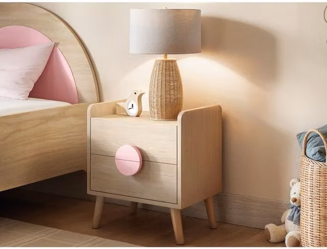 Flair Noah 2 Drawer Bedside Table in Oak and Pink