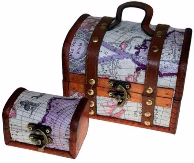 Set of 2 KDMK Vintage Colonial Atlas Wood and Metal Boxes with Brass Fittings in Multicolour