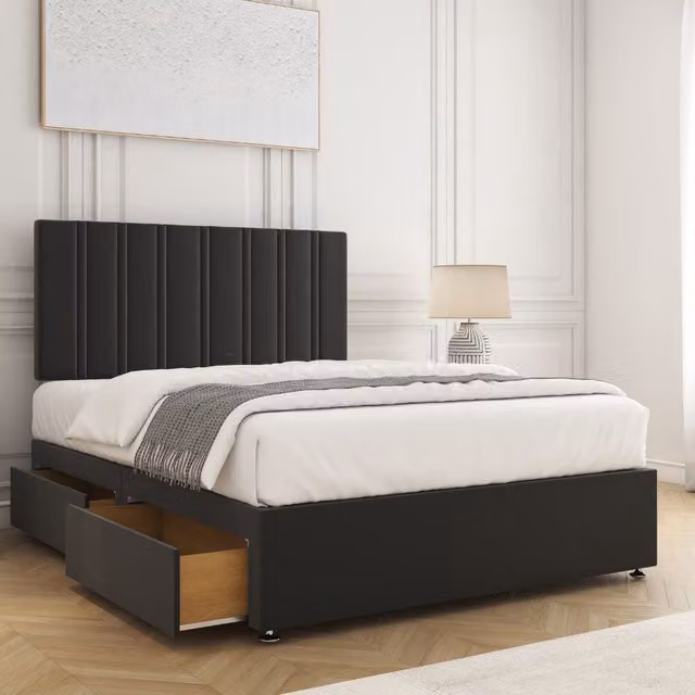 BSSPOKE Sienna Small Double Divan Bed Set with 24 inch Velvet Headboard, 2 Drawers, Footend and Mattress in Black