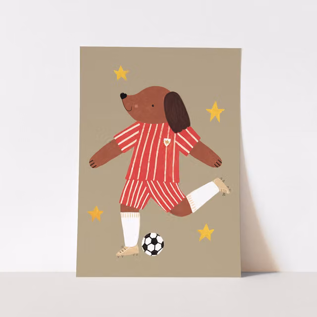 Kid of the Village Footie Pup Fine Art Print, Red Stripe Multicolour Illustration, W: 50 cm, H: 70 cm