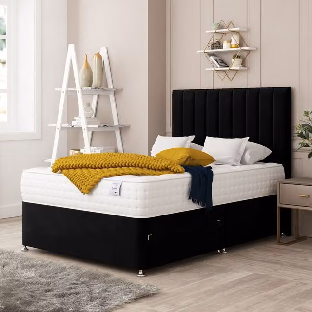 Bed Choices Alaska Divan Bed with 2 Drawers, Mattress and Floor Standing Headboard in Black Velvet, Size: Super King (W/D/H: 200 x 200 cm)