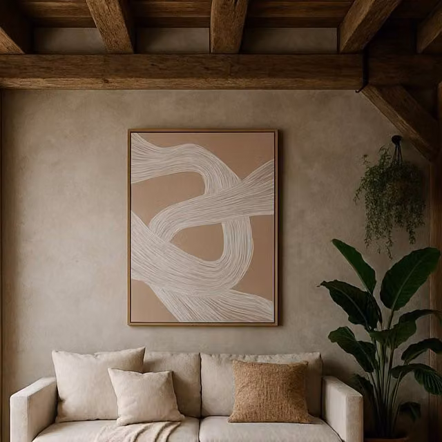Wyld Haus Naousa Coastal White, Beige and Cream Abstract Line Art Framed Canvas Print in a Brown Wood Frame