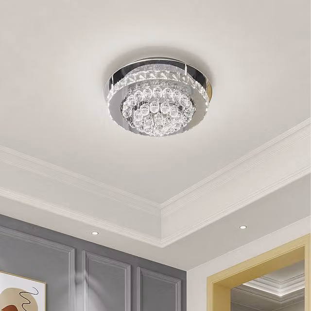 Komore Round Crystal Droplet LED Semi Flush Ceiling Light in Silver and Transparent