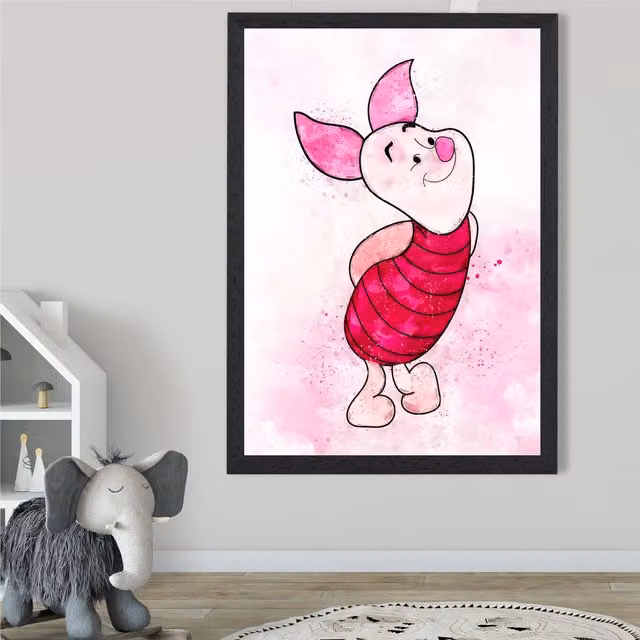 ARTZE Piglet Watercolour Winnie the Pooh Art Print in Pink with Black Frame