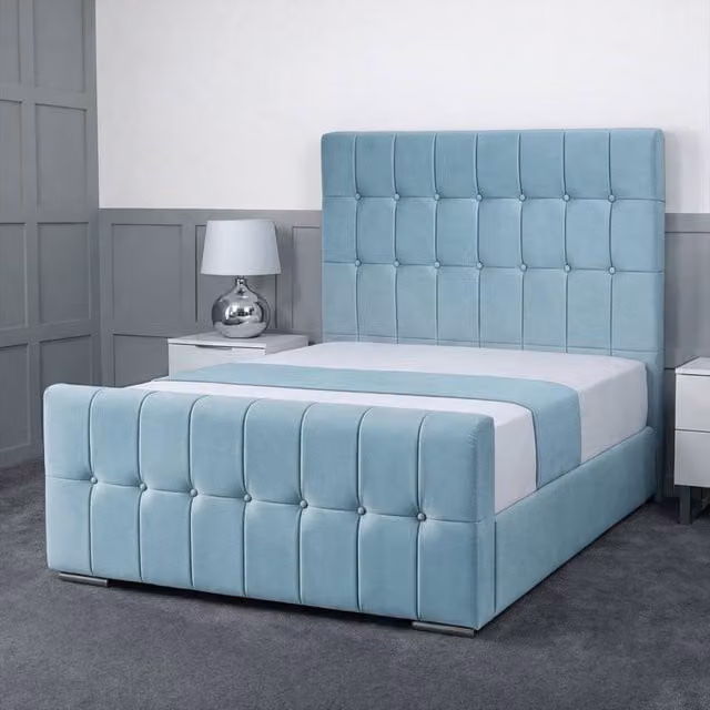 Living Comfort Bedz Belmont Plush Velvet Upholstered Bed with Slatted Base and 48 Inch Headboard in Light Blue, King Size