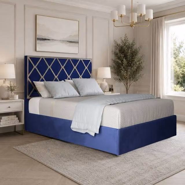 KDMD Wilburton King Size Upholstered Velvet Designer Bed Frame in Blue with Metal Accents, W/D/H: 180 x 200 cm