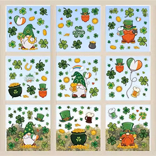 WALPLUS St Patrick's Day Shamrock Gnomes Window Stickers, Removable and Reusable Double-Sided Multicolour Glass Clings for Home, Kids Rooms and Classrooms