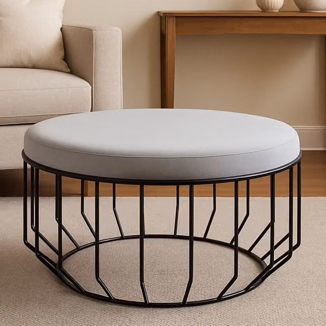 Orsina Grey Velvet Cage Stool with Round Seat and Black Metal Frame