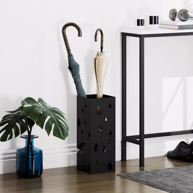 HOMCOM Metal Umbrella Stand in Black with 4 Hooks and Removable Drip Tray, W/D/H: 15.5 x 15.5 x 40.0 cm