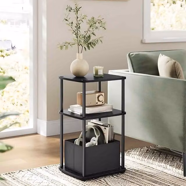 The Bazaarist 3 Tier Side Table with Fabric Basket Storage in Black