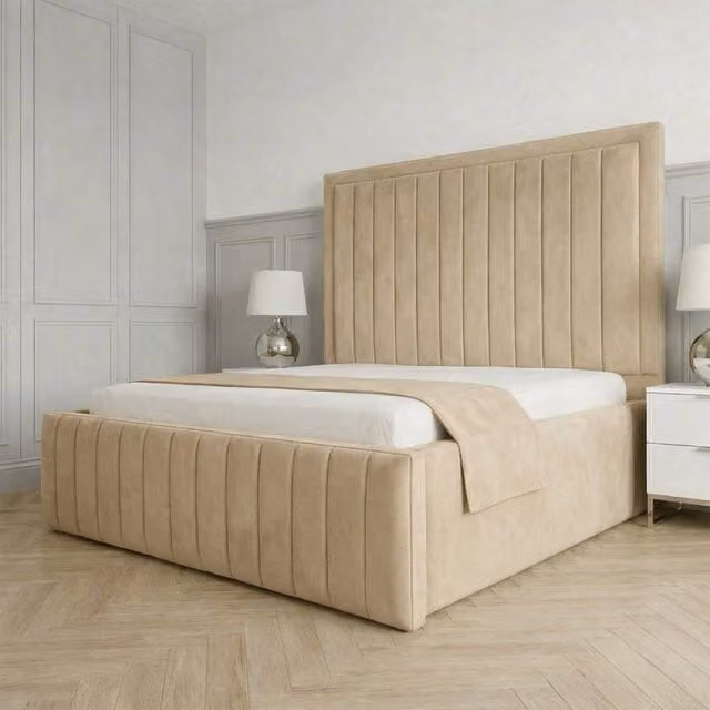 Living Comfort Bedz Sovereign Plush Velvet Upholstered Bed with Slatted Base and 48 Inch Headboard in Beige, King Size