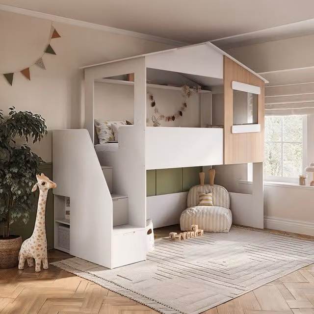 Dreamland Flair House Midsleeper Bed with Staircase and Side Compartments in White