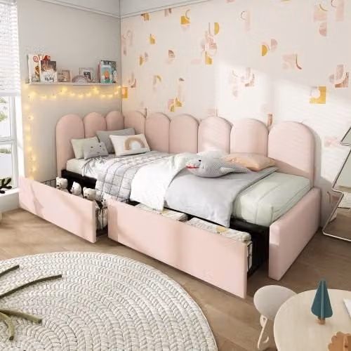 Matteo Pink Velvet Upholstered Single Daybed with 2 Storage Drawers for 90x190cm Mattress
