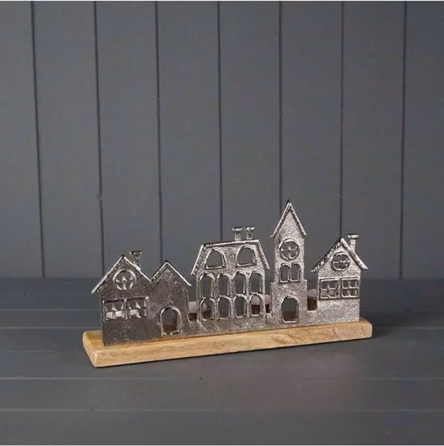KDMD Silver Festive Metal Townscape Tealight Holder