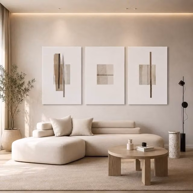 Mafett Set of 3 Minimalist Abstract Canvas Wall Art Prints in White and Beige, W: 60.96 cm x H: 81.3 cm