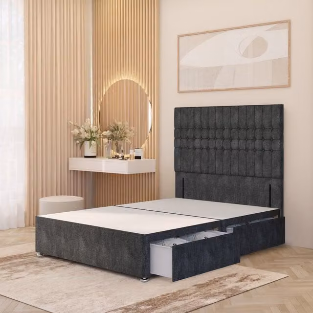 Lexington Divan Bed Base with 54 inch Floor Standing Headboard in Charcoal Grey Tweed Fabric by Somnior Beds Ltd, W/D/H: 120 x 200 cm