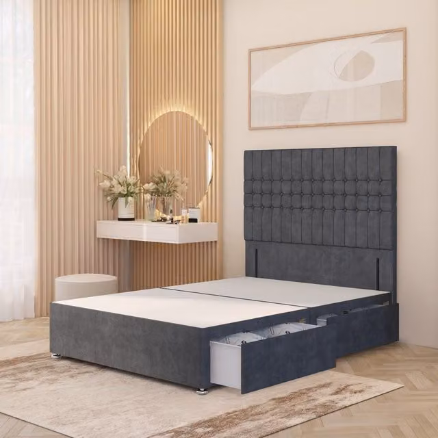 Somnior Beds Ltd Lexington Divan Bed Base with 54 inch Floor Standing Headboard in Charcoal Plush Velvet, Small Single, W/D/H: 90 x 190 cm