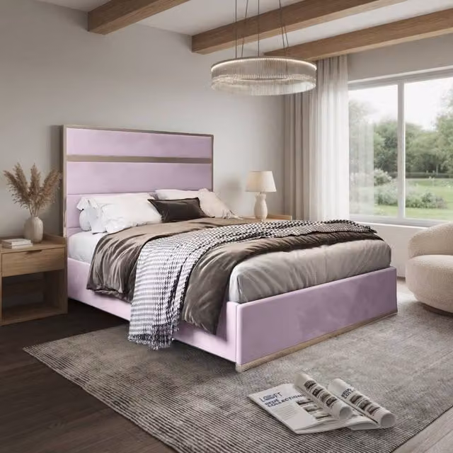 KDMD Holt Single Designer Bed Frame with Pink Velvet Upholstery and Metal Frame