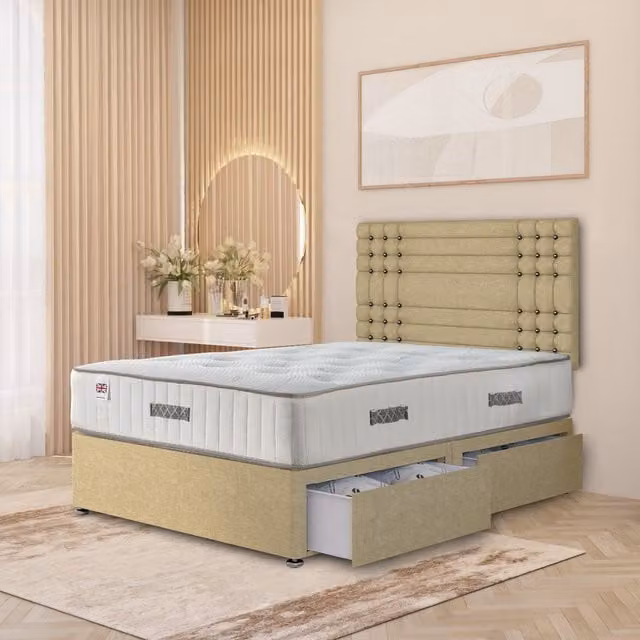 Somnior Beds Ltd Saville Linen Divan Bed Set with 32 inch Headboard and Orthopaedic Mattress, Beige, W/D/H: 90 x 190 cm