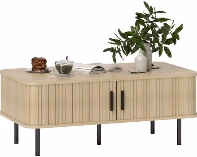 Chilli Seating Mid-Century Oak Coffee Table with Slatted Tambour Sliding Doors in Brown