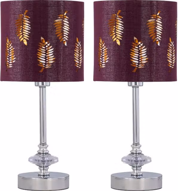 First Choice Lighting Set of 2 Chrome Jewelled Table Lamps with Burgundy Fabric Shades, H 33 cm x W 15.5 cm x D 15.5 cm
