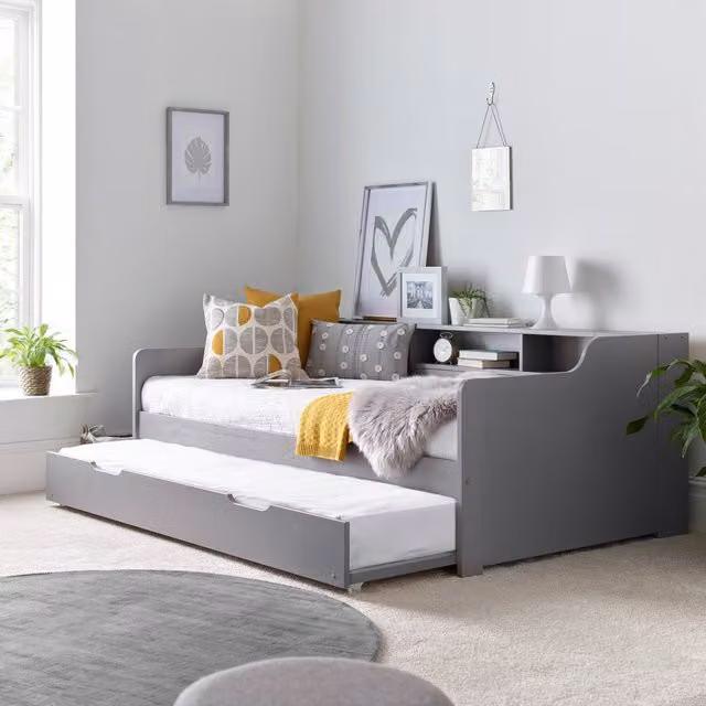 Bedmaster Tyler Grey Guest Bed and Trundle with Spring Mattresses and Side Compartments