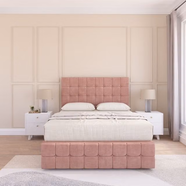 Sloomy Berlin Divan Bed Set with Matching Footboard in Pink Plush Velvet, Super King Size (W/D/H: 200 x 167.66 x 30.48 cm)