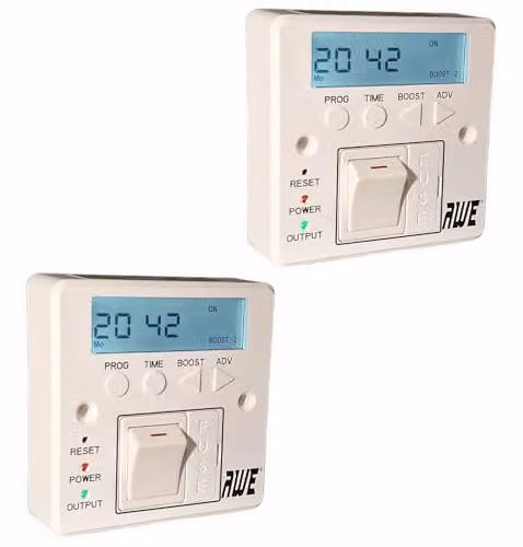 Awe 2 x 7-Day Digital Fused Timer Spur for Electric Heating, Immersers, Aga-Range Cookers, Towel Rails and Lights with Programmable Display and Rechargeable Cell